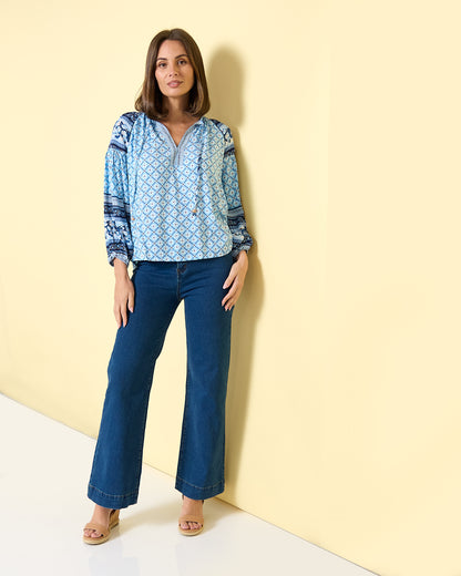Marbella Tie Neck Blouse – Blue Mosaic