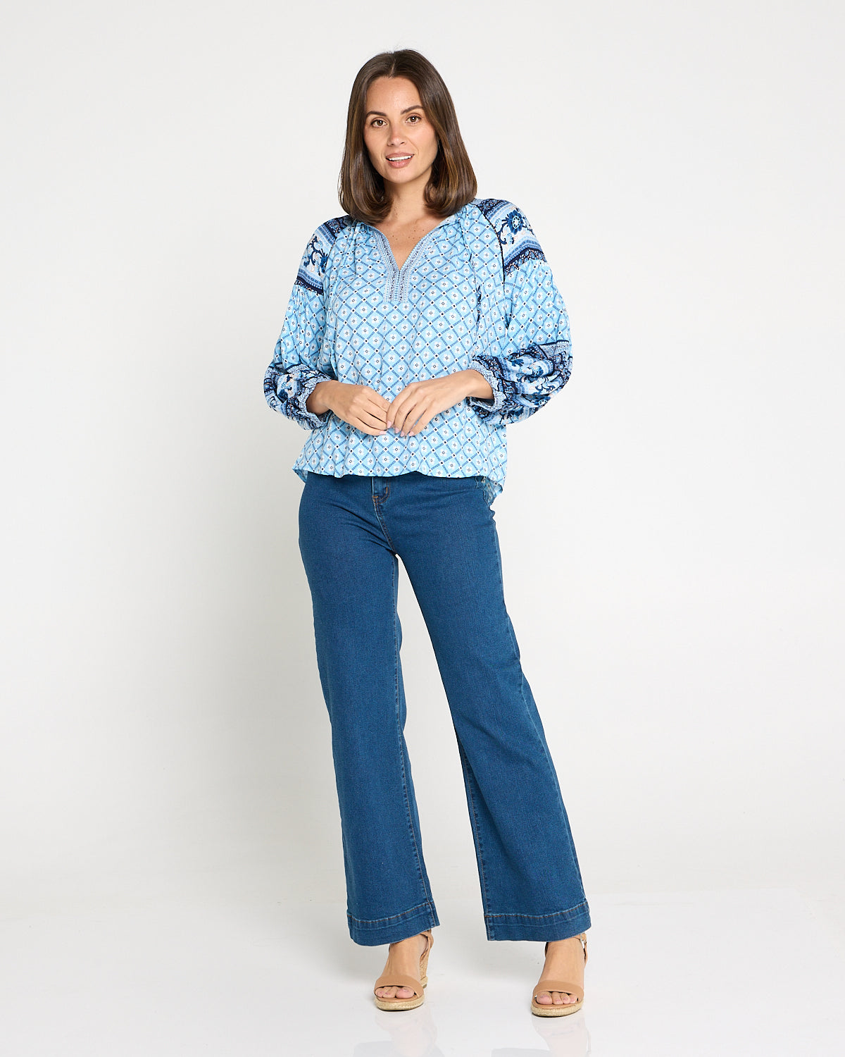 Marbella Tie Neck Blouse – Blue Mosaic