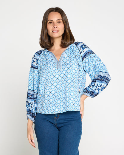 Marbella Tie Neck Blouse – Blue Mosaic