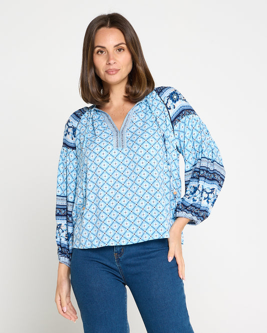 Marbella Tie Neck Blouse – Blue Mosaic