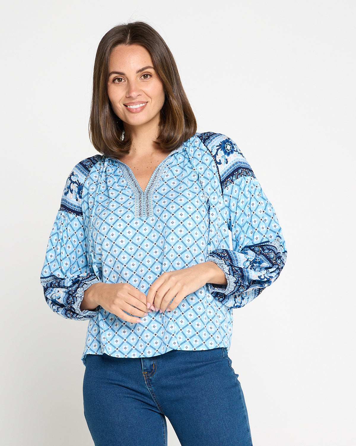 Marbella Tie Neck Blouse – Blue Mosaic