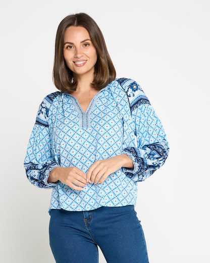 Marbella Tie Neck Blouse – Blue Mosaic
