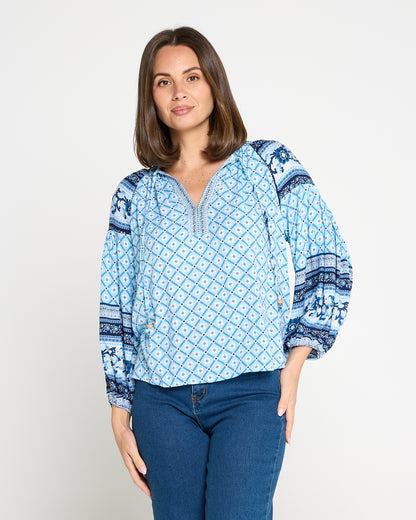 Marbella Tie Neck Blouse – Blue Mosaic
