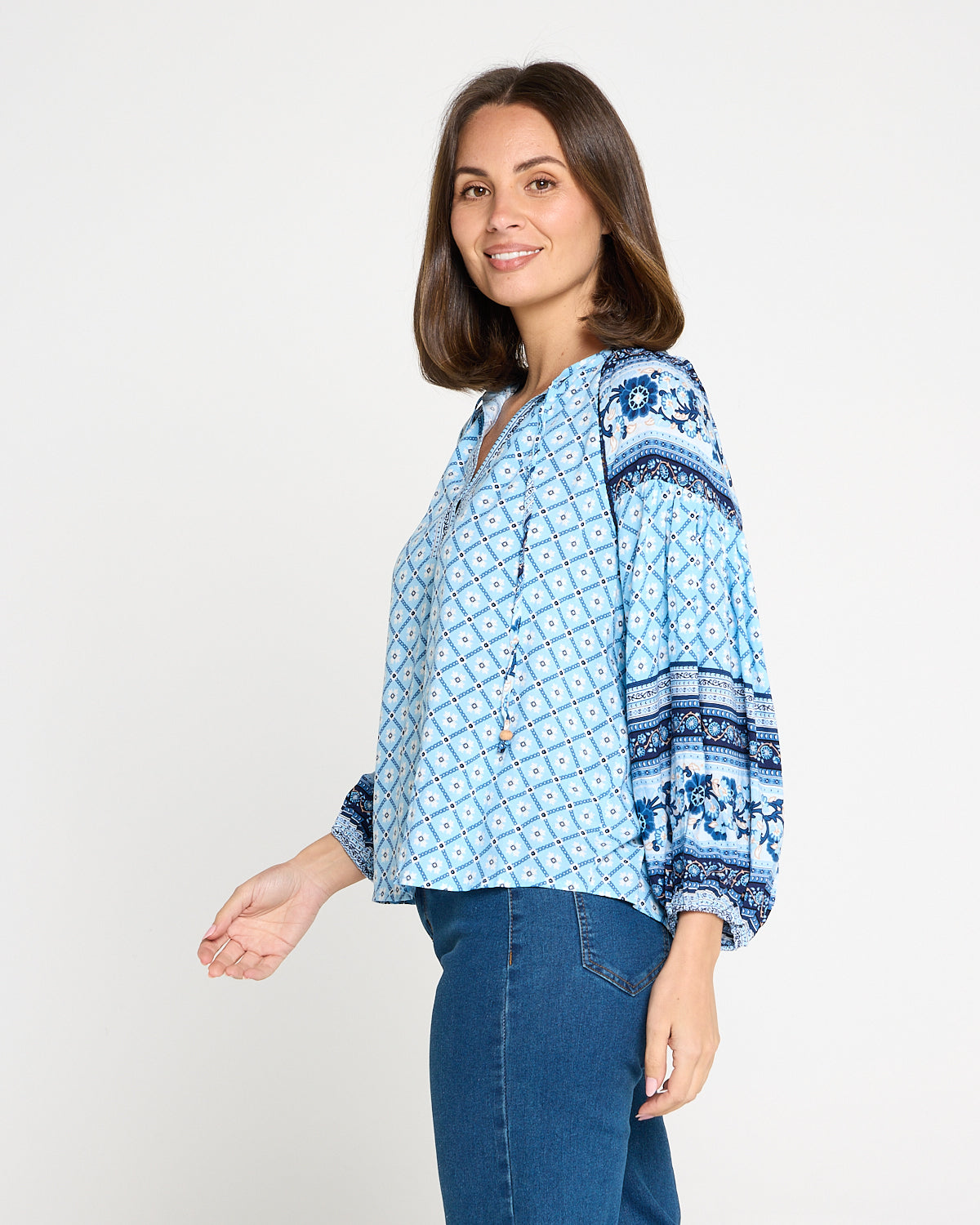 Marbella Tie Neck Blouse – Blue Mosaic
