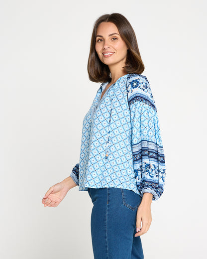 Marbella Tie Neck Blouse – Blue Mosaic