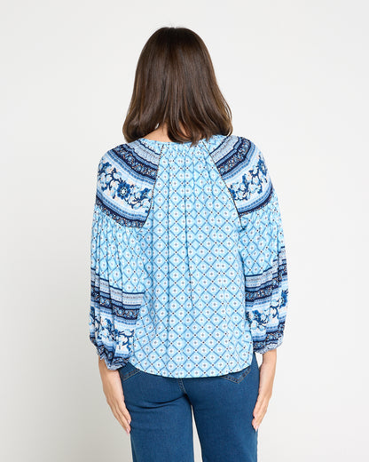 Marbella Tie Neck Blouse – Blue Mosaic