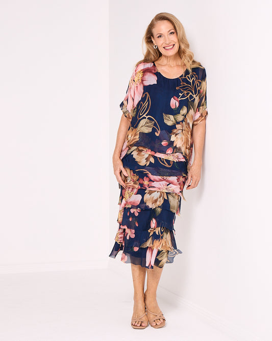 Margo Silk Dress - Navy Blush Floral