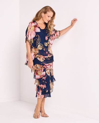 Margo Silk Dress - Navy Blush Floral