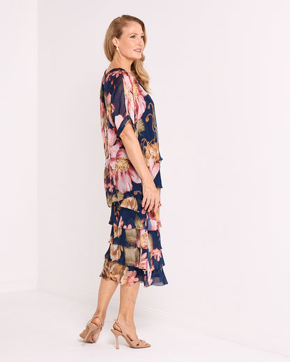 Margo Silk Dress - Navy Blush Floral