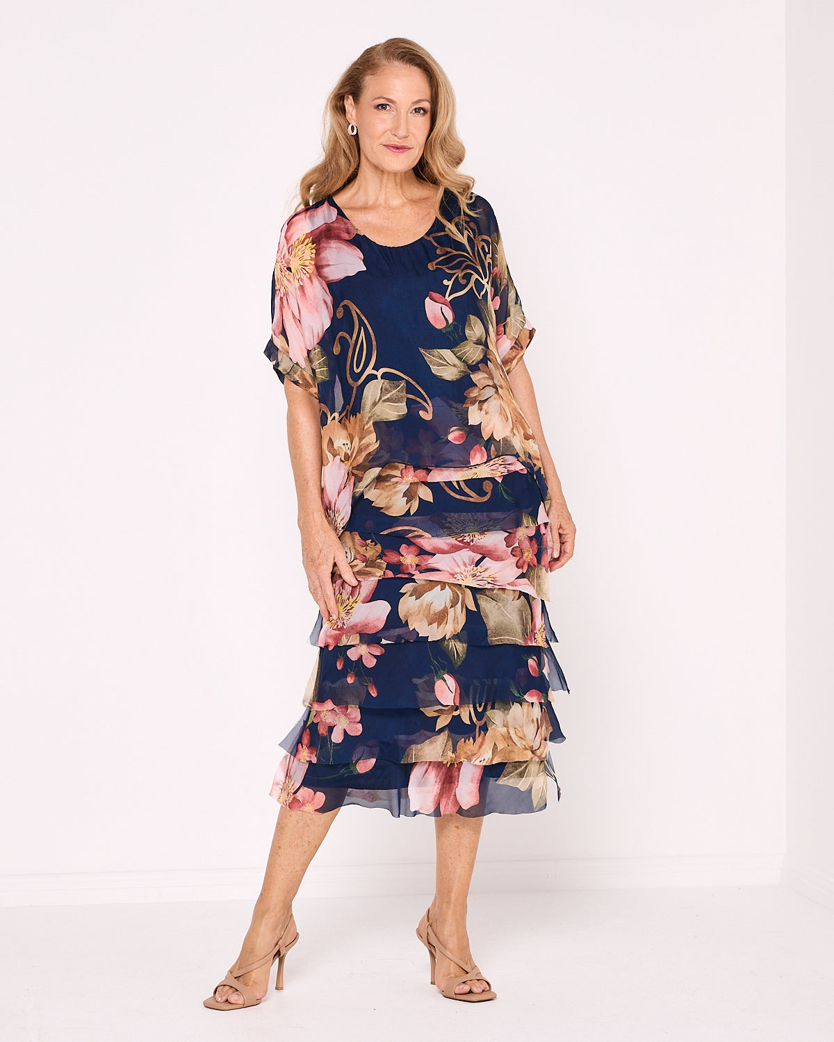 Margo Silk Dress - Navy Blush Floral