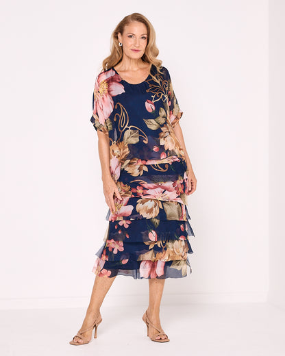 Margo Silk Dress - Navy Blush Floral