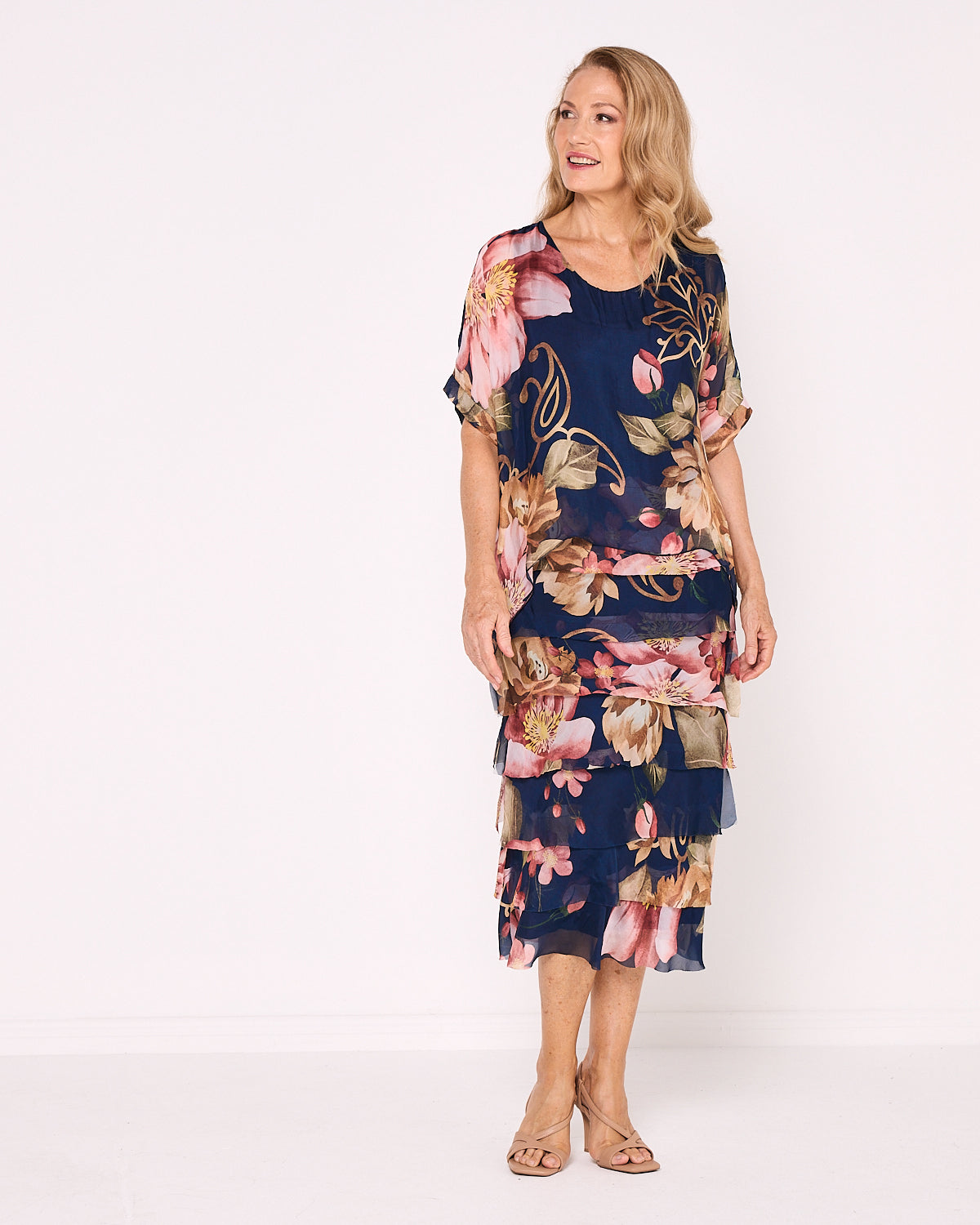 Margo Silk Dress - Navy Blush Floral
