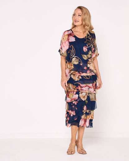 Margo Silk Dress - Navy Blush Floral