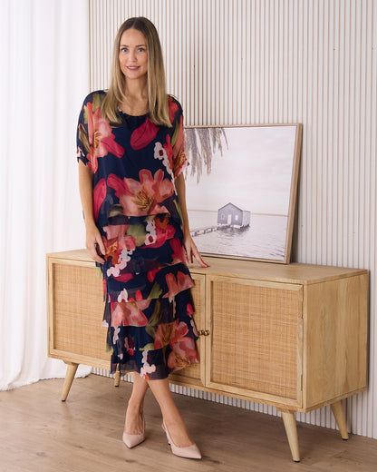 Margo Silk Dress - Midnight Peony
