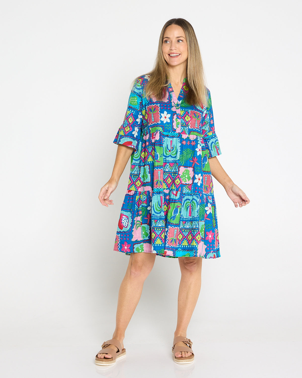 Maya Button V Neck Layer Dress -  Tropical Stories