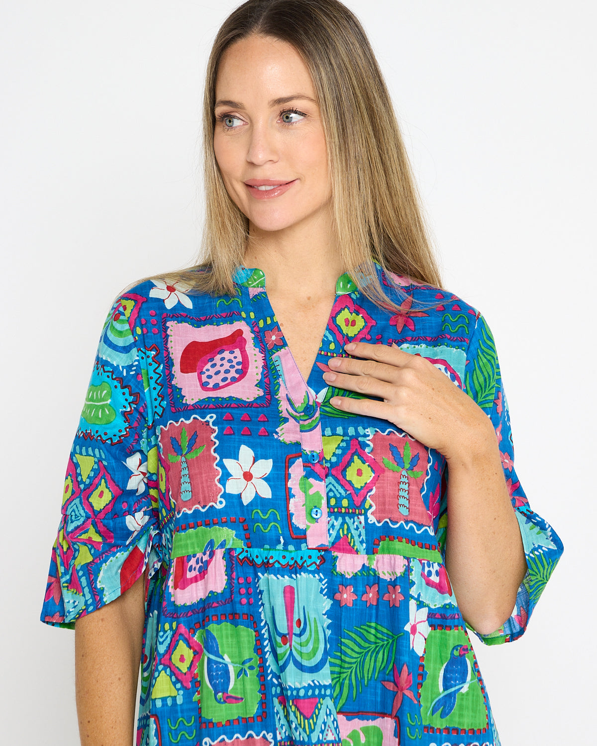 Maya Button V Neck Layer Dress -  Tropical Stories