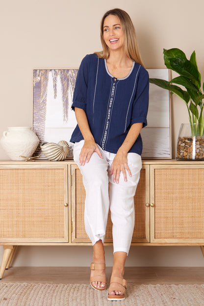 Meagan Linen Blouse - Navy