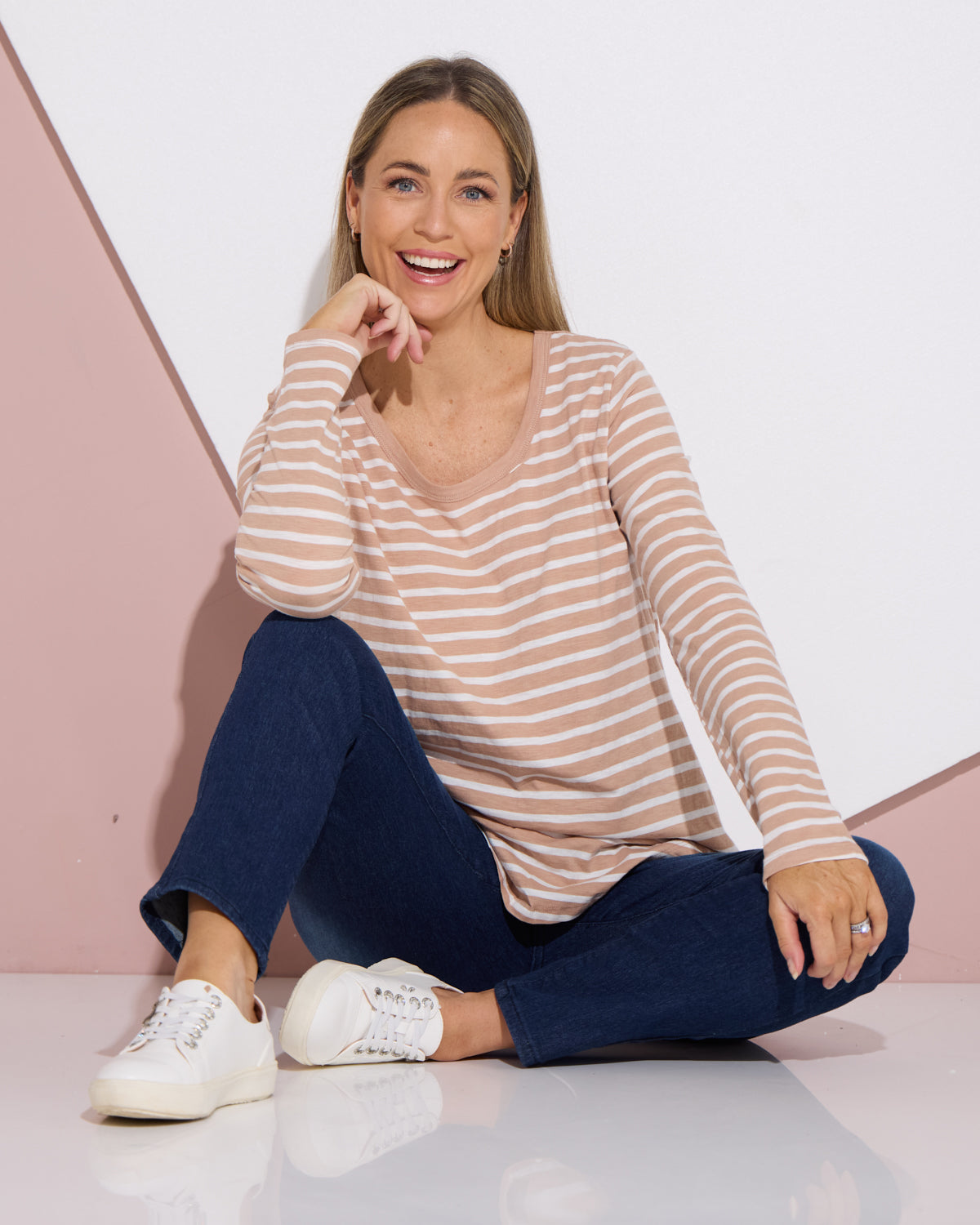 Megan Long Sleeve Cotton Basic Top - Beige Stripe