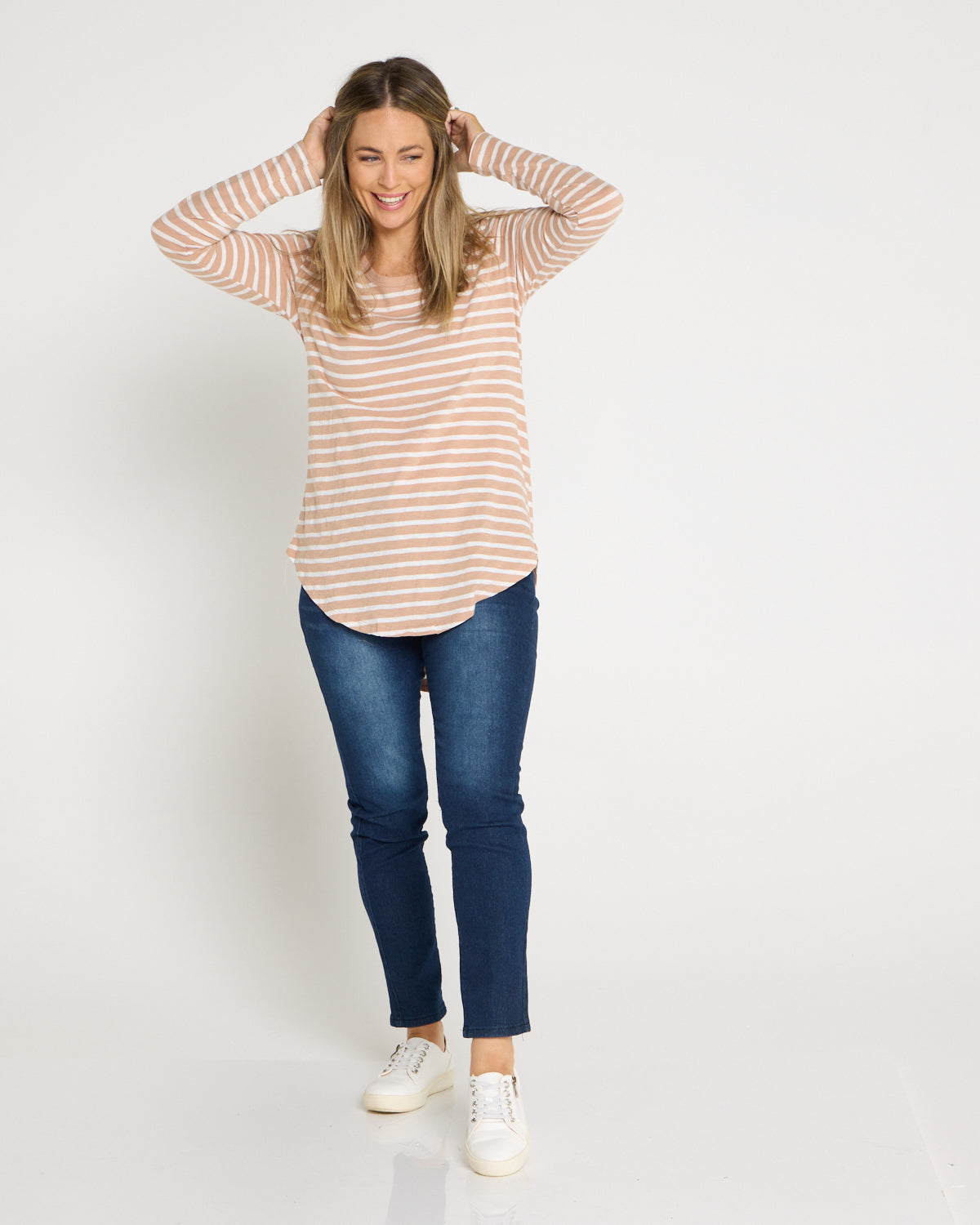 Megan Long Sleeve Cotton Basic Top - Beige Stripe