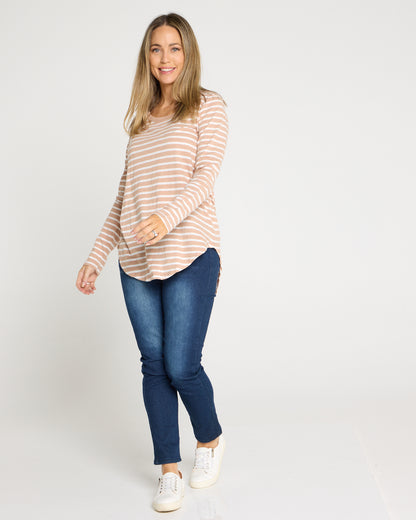 Megan Long Sleeve Cotton Basic Top - Beige Stripe