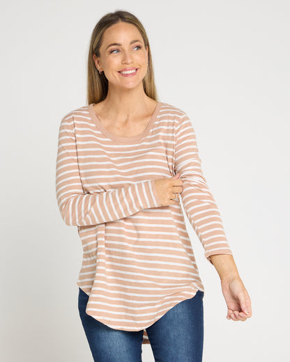 Megan Long Sleeve Cotton Basic Top - Beige Stripe