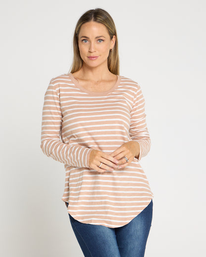 Megan Long Sleeve Cotton Basic Top - Beige Stripe