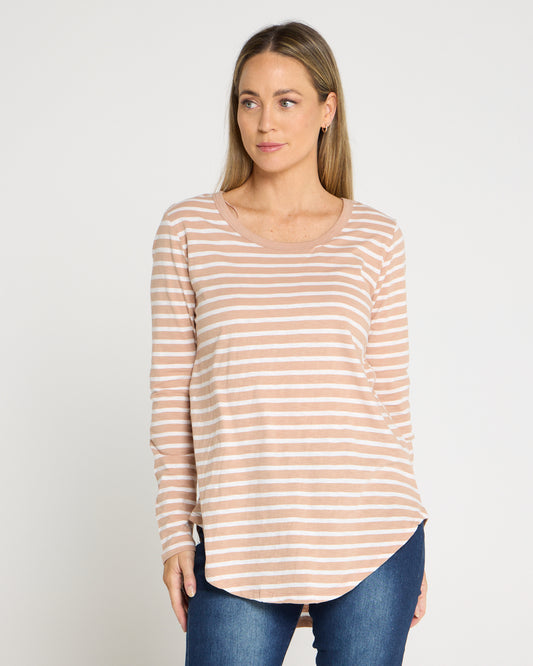 Megan Long Sleeve Cotton Basic Top - Beige Stripe