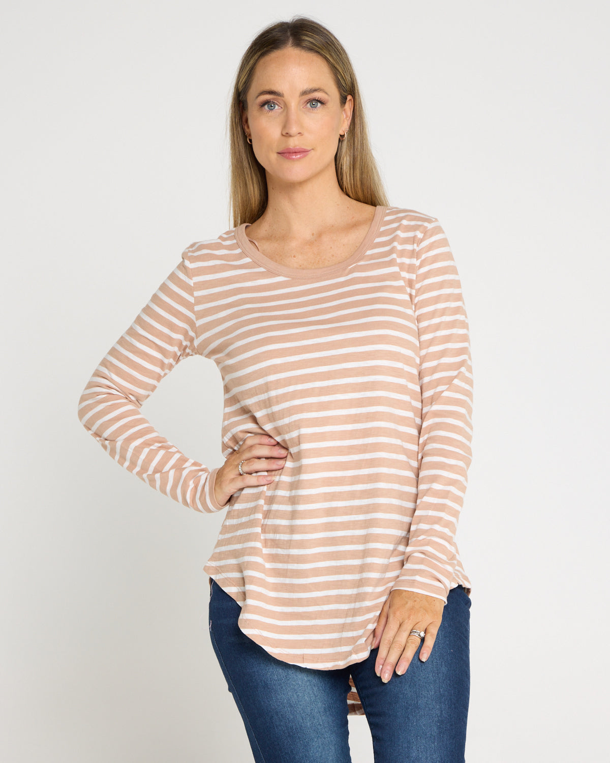 Megan Long Sleeve Cotton Basic Top - Beige Stripe