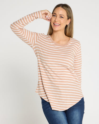 Megan Long Sleeve Cotton Basic Top - Beige Stripe