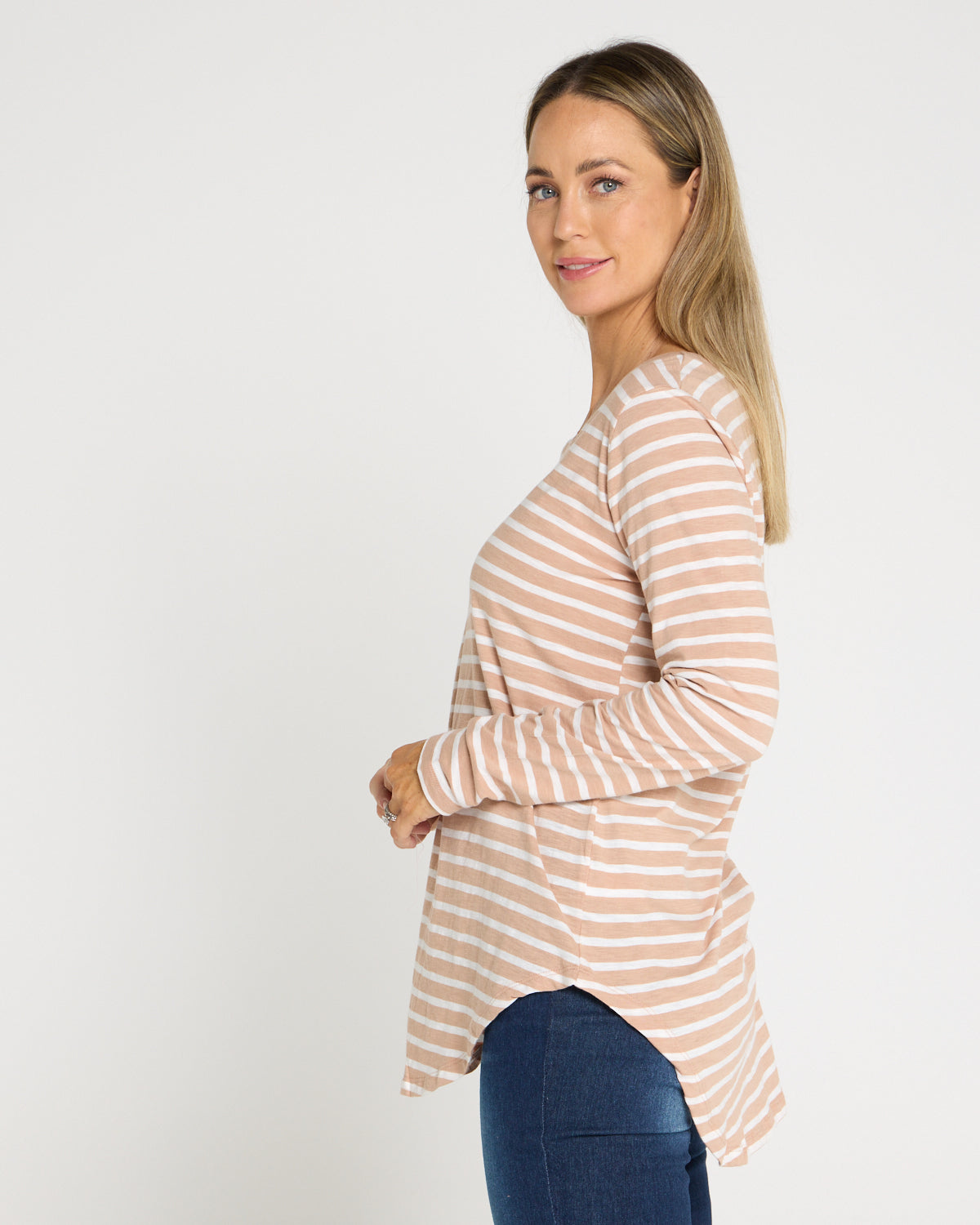 Megan Long Sleeve Cotton Basic Top - Beige Stripe