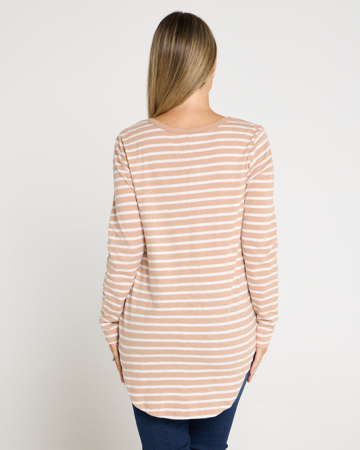 Megan Long Sleeve Cotton Basic Top - Beige Stripe