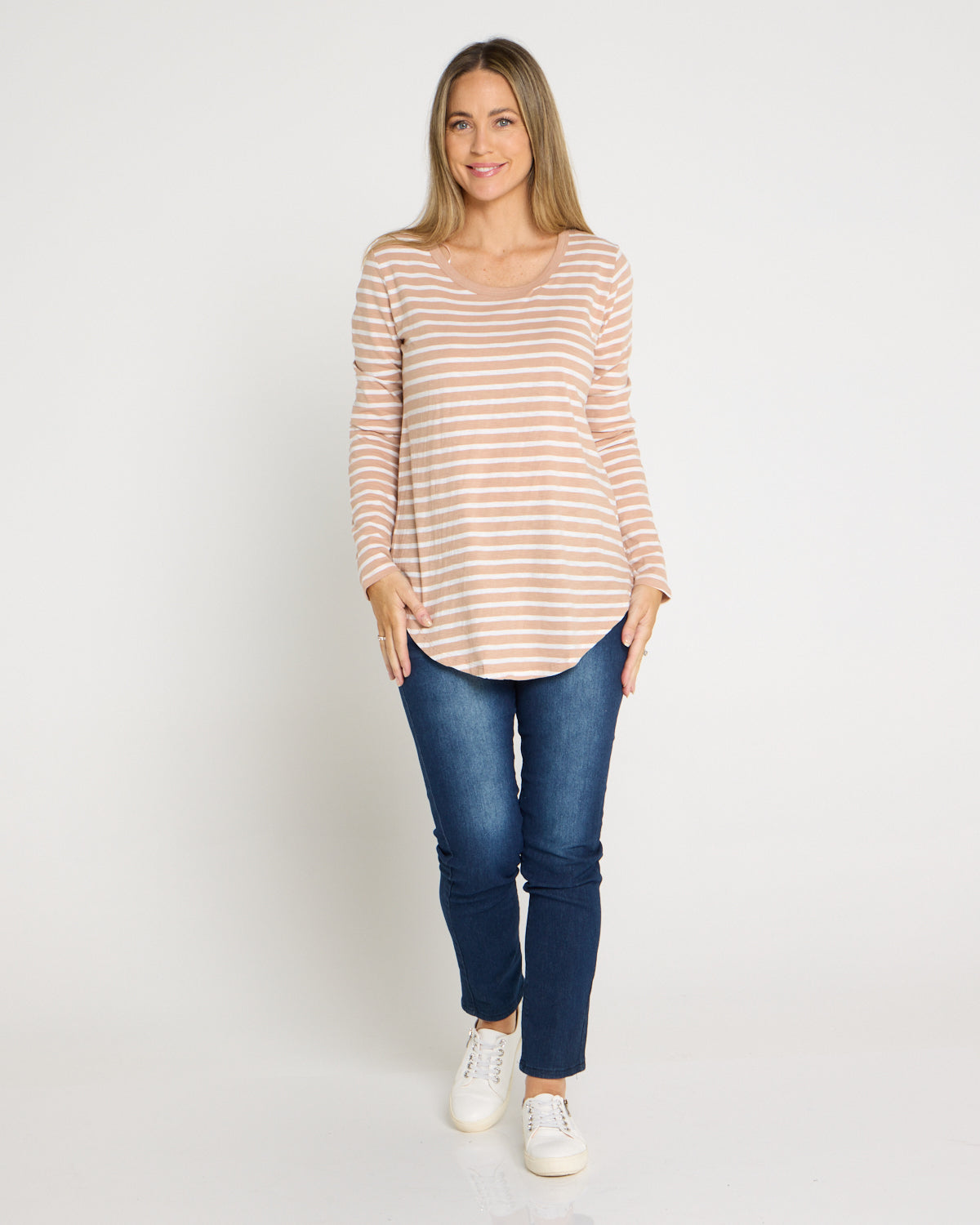 Megan Long Sleeve Cotton Basic Top - Beige Stripe