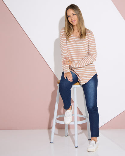 Megan Long Sleeve Cotton Basic Top - Beige Stripe