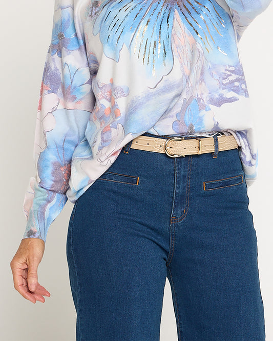 Metal Buckle Croc Jeans Belt - Light Camel/Gold