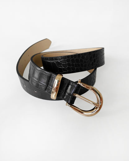 Metal Buckle Croc Jeans Belt - Black/Gold