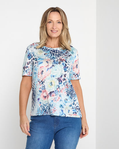 Callie Burnout Tee – Blue Floral