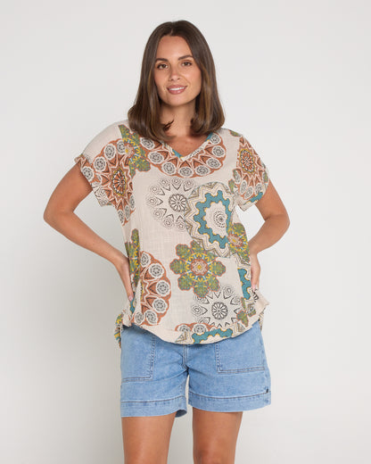 Mojave Linen Top - Desert Sand Blooms