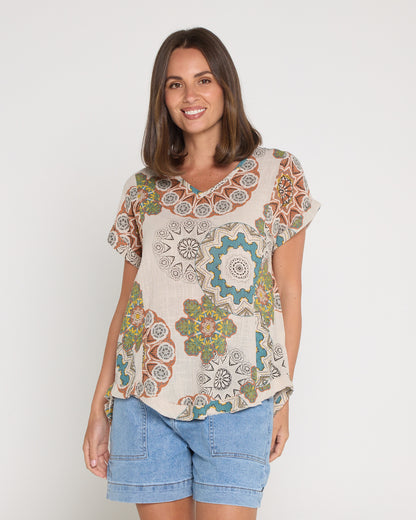 Mojave Linen Top - Desert Sand Blooms