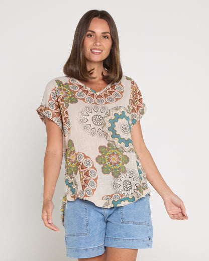 Mojave Linen Top - Desert Sand Blooms