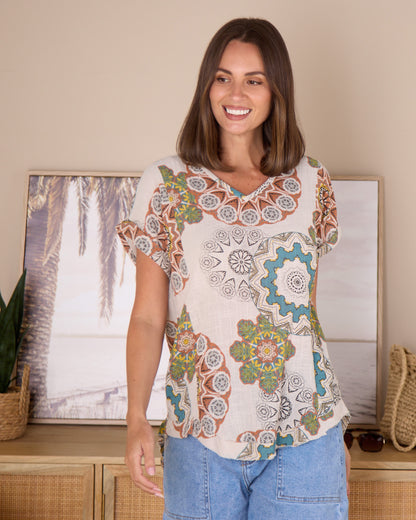 Mojave Linen Top - Desert Sand Blooms