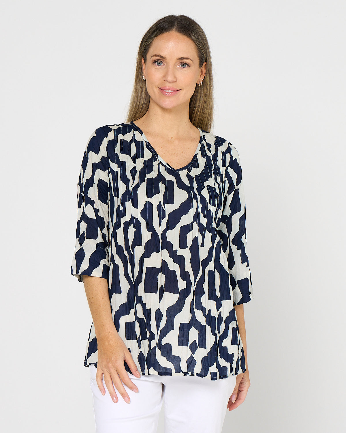 Tina Pleated Top - Bold Art Navy