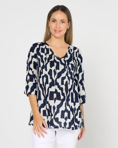 Tina Pleated Top - Bold Art Navy