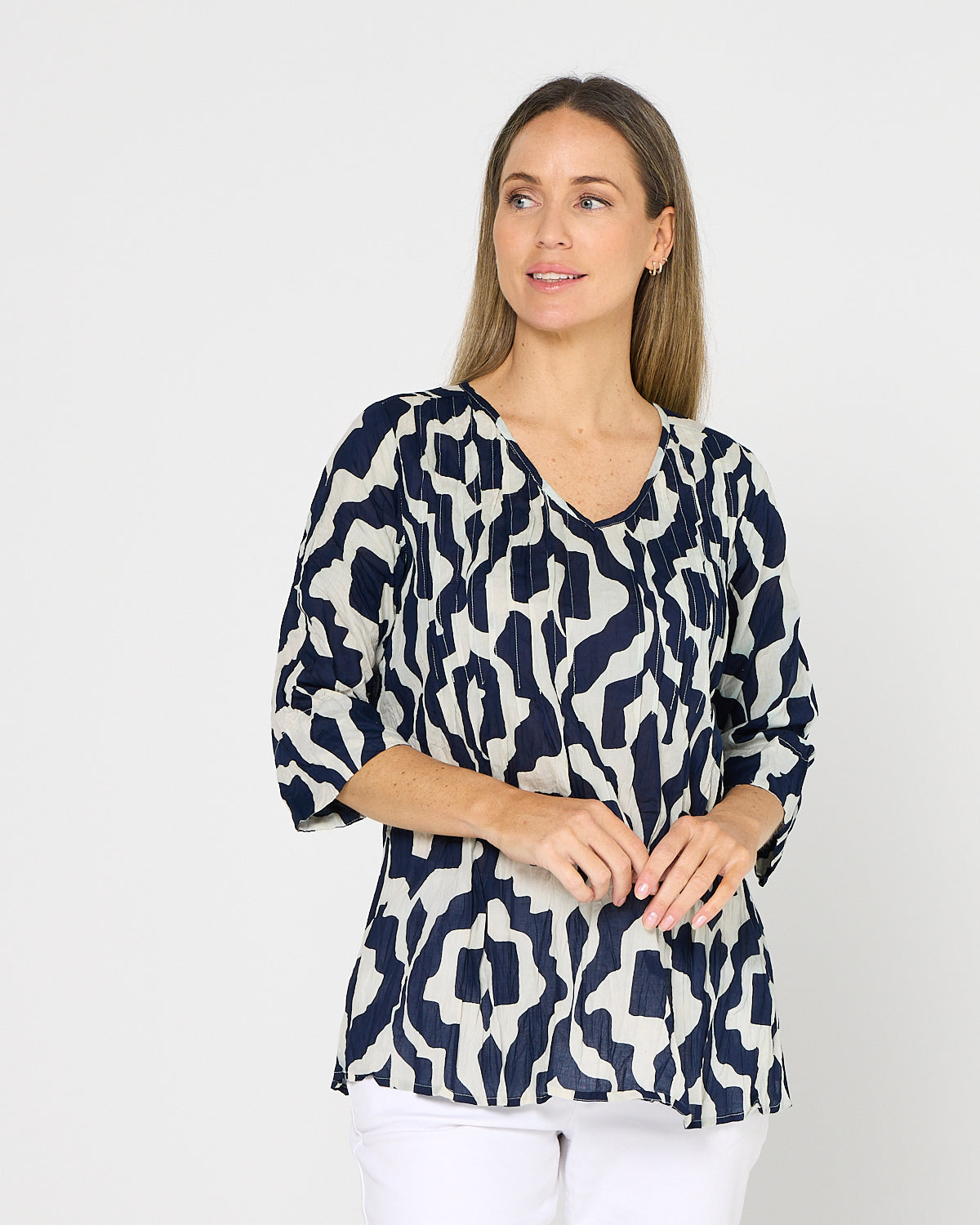 Tina Pleated Top - Bold Art Navy