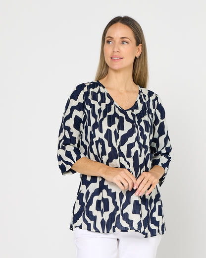 Tina Pleated Top - Bold Art Navy