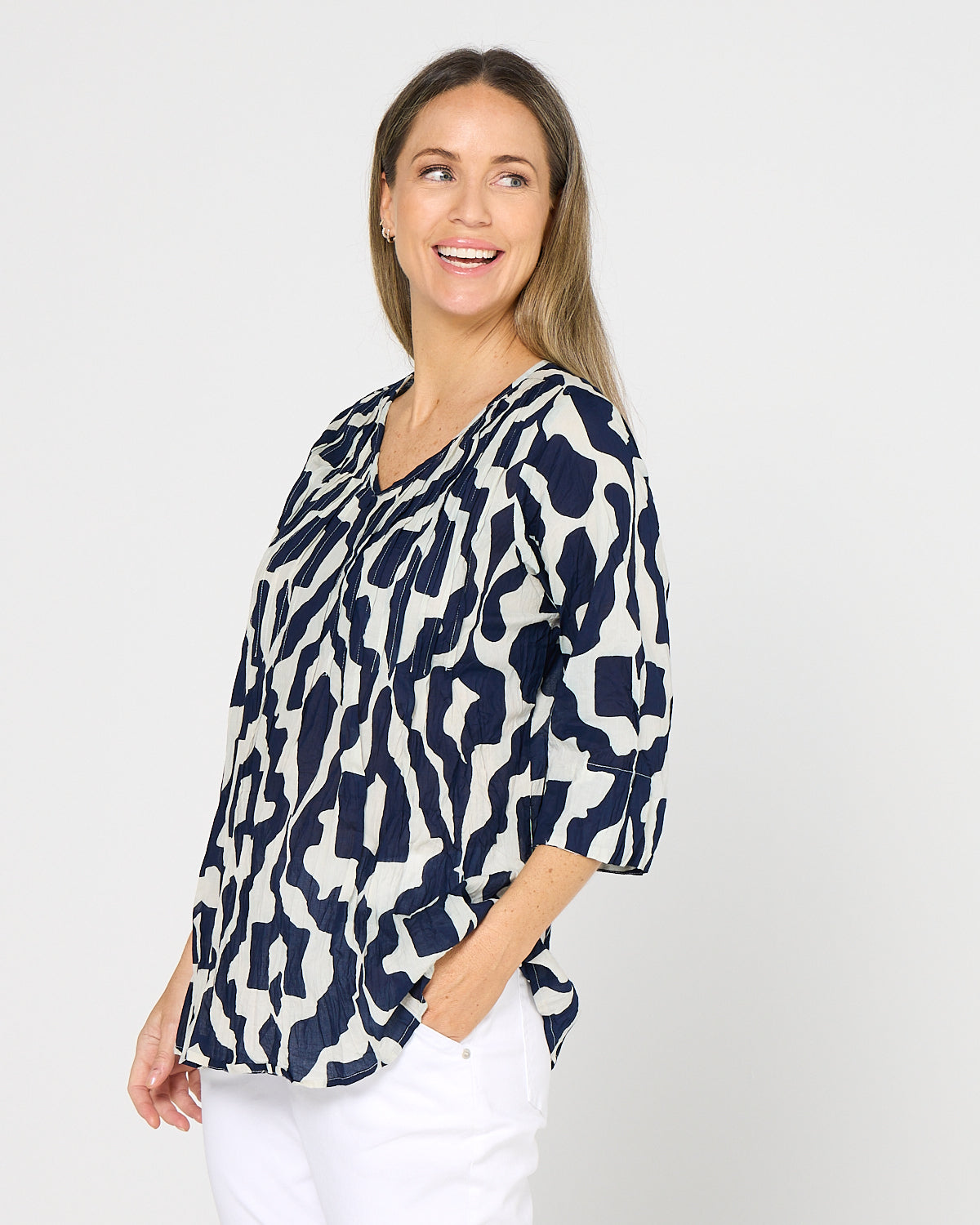 Tina Pleated Top - Bold Art Navy