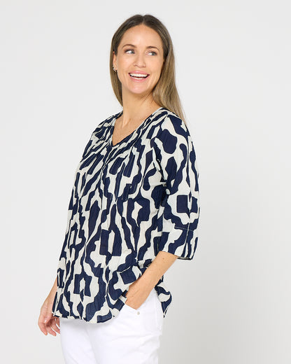 Tina Pleated Top - Bold Art Navy