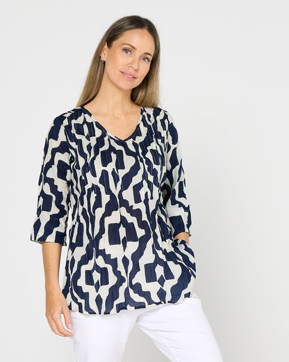 Tina Pleated Top - Bold Art Navy