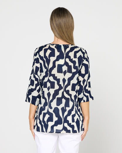 Tina Pleated Top - Bold Art Navy
