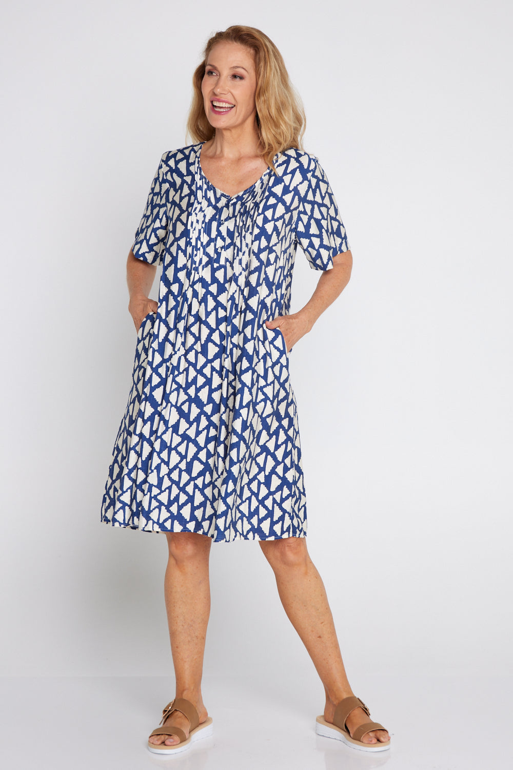 Mysha Dress - Navy/Ivory Geo Print