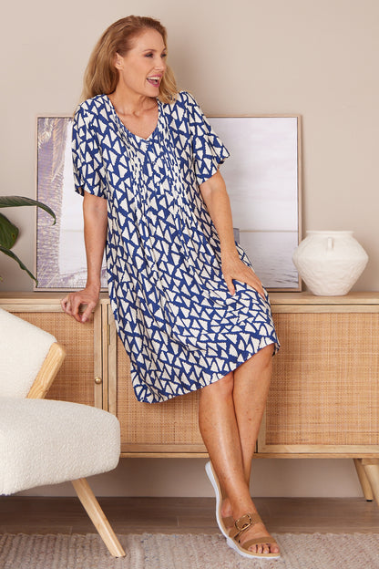 Mysha Dress - Navy/Ivory Geo Print